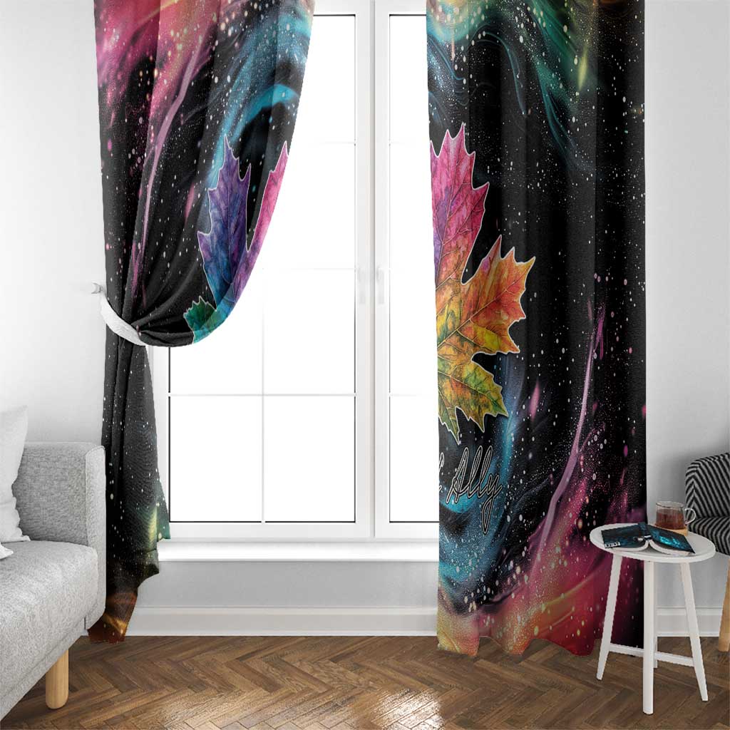 Black window curtain panel with rainbow maple leaf print, gathered to side tie.