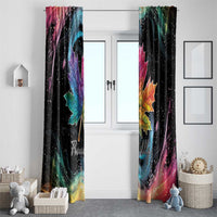 Black rainbow maple leaf curtain panels hanging over window with starry galaxy print.