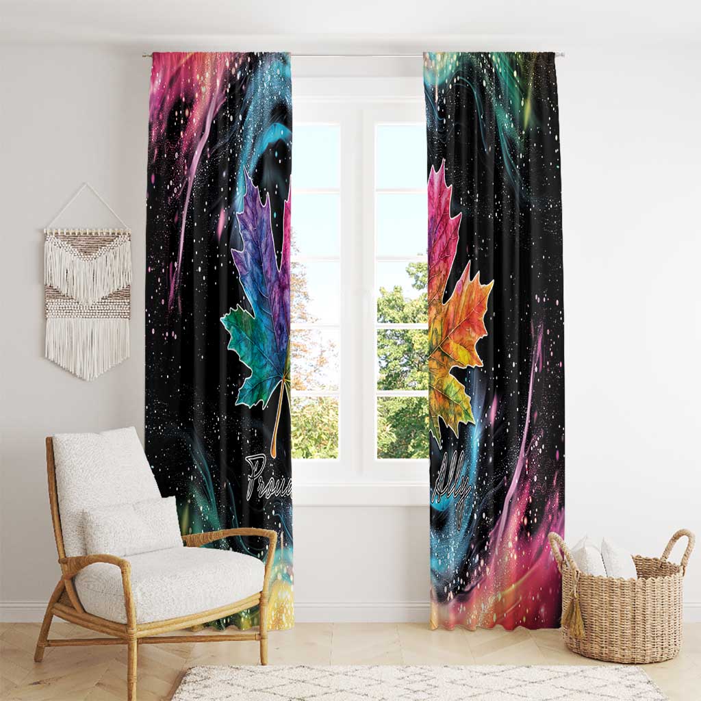 Black curtain panels with rainbow maple leaves and starry galaxy gradient near floor.