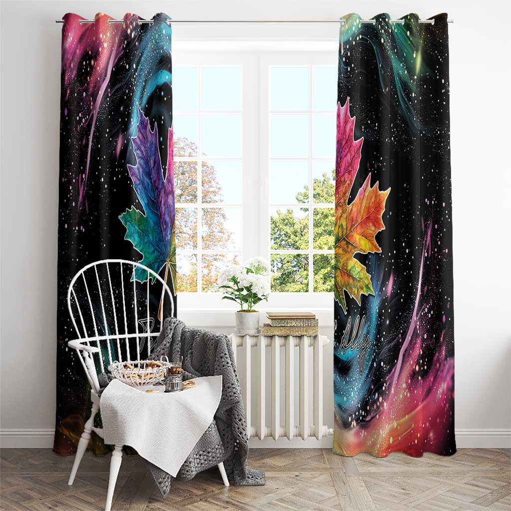Black curtain panels with rainbow maple leaves on multicolor aurora background.
