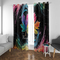 Black curtain pair with rainbow maple leaves and multicolor nebula glow in room view.