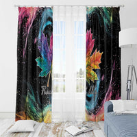 Black curtains with rainbow maple leaves and starry print; Proud Ally-style graphics.