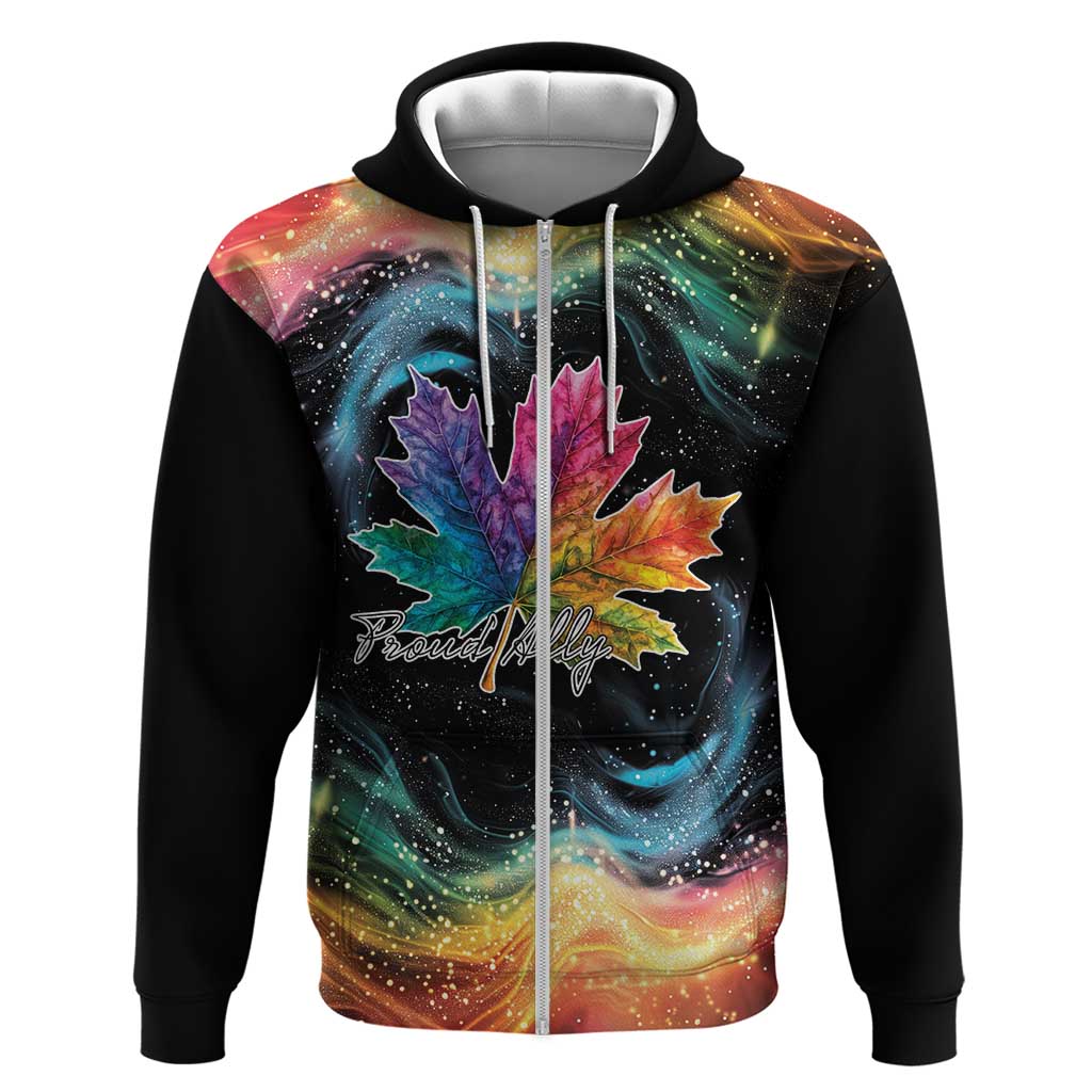 Black zip hoodie with rainbow maple leaf graphic and "Proud Ally" text.