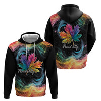 Black zip hoodie shown front and back, rainbow maple leaf graphic with "Proud Ally".