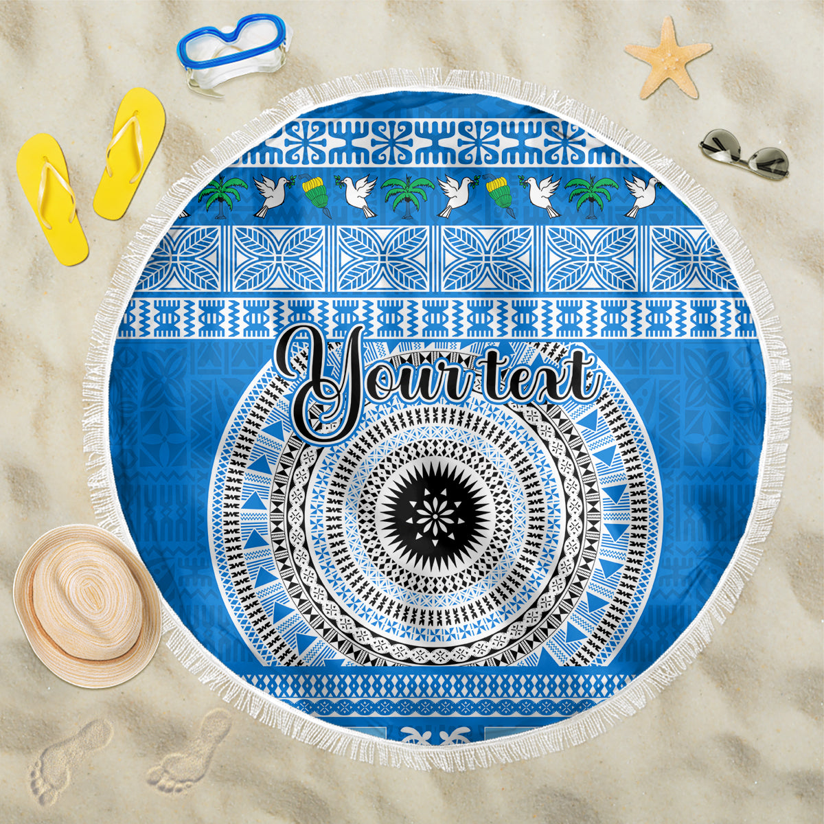 Personalised Fiji Marau Na Kerisimasi Beach Blanket Merry Christmas Tapa Pattern Blue Style LT9 - Wonder Print Shop