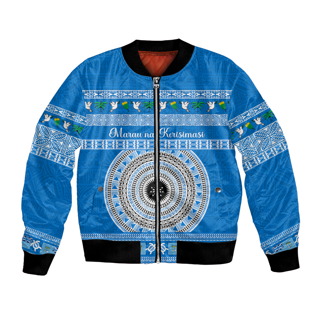 Personalised Fiji Marau Na Kerisimasi Bomber Jacket Merry Christmas Tapa Pattern Blue Style LT9 - Wonder Print Shop