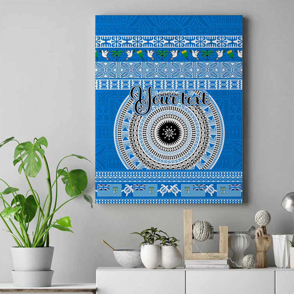 Personalised Fiji Marau Na Kerisimasi Canvas Wall Art Merry Christmas Tapa Pattern Blue Style LT9 - Wonder Print Shop