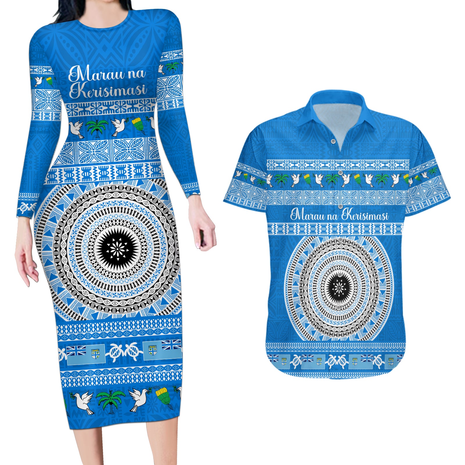 Personalised Fiji Marau Na Kerisimasi Couples Matching Long Sleeve Bodycon Dress and Hawaiian Shirt Merry Christmas Tapa Pattern Blue Style LT9 - Wonder Print Shop