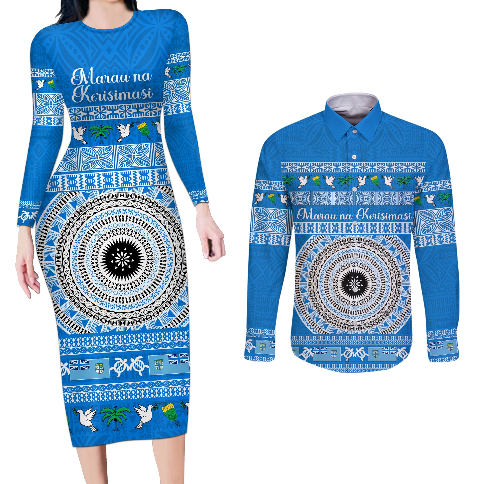 Personalised Fiji Marau Na Kerisimasi Couples Matching Long Sleeve Bodycon Dress and Long Sleeve Button Shirt Merry Christmas Tapa Pattern Blue Style LT9 - Wonder Print Shop