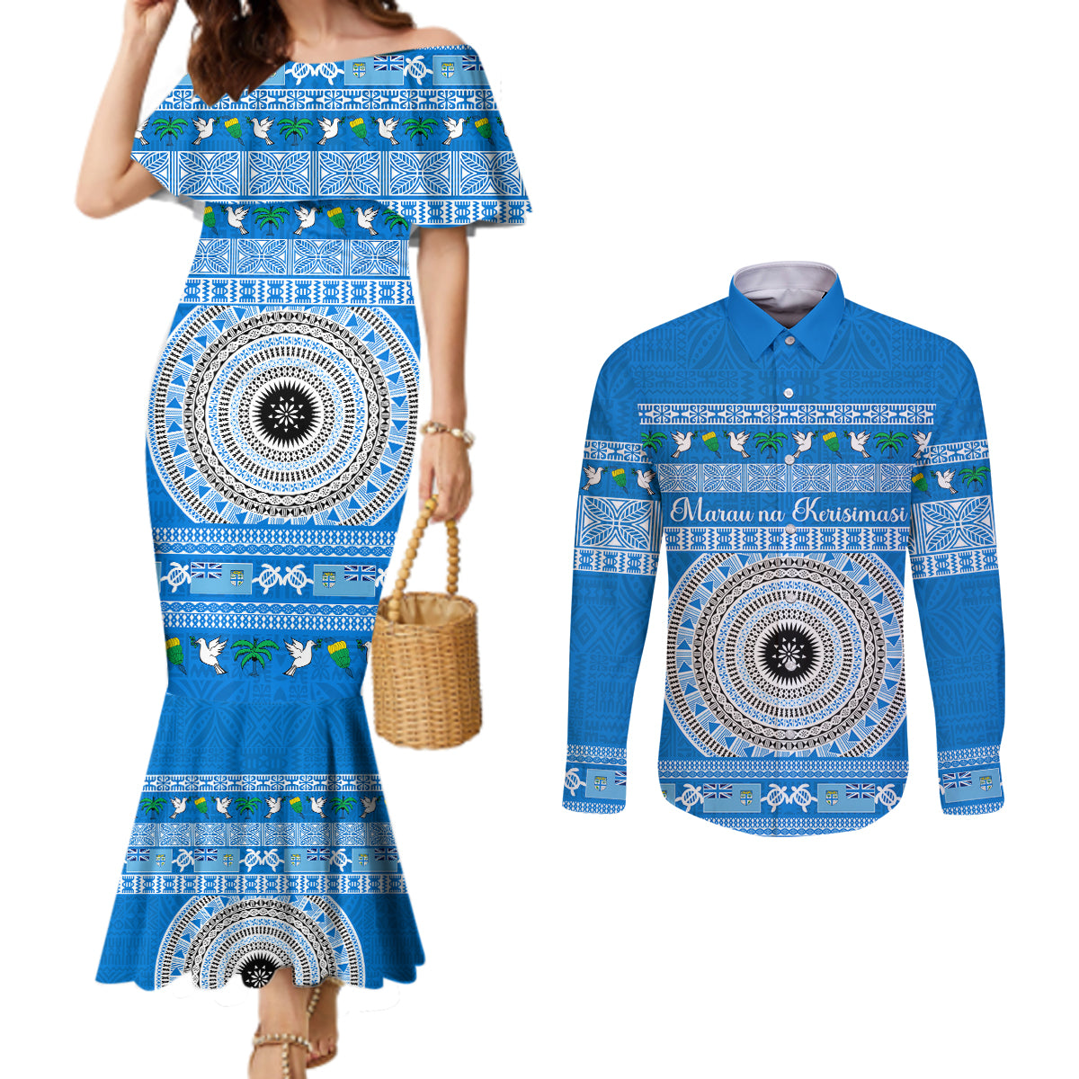 personalised-fiji-marau-na-kerisimasi-couples-matching-mermaid-dress-and-long-sleeve-button-shirt-merry-christmas-tapa-pattern-blue-style