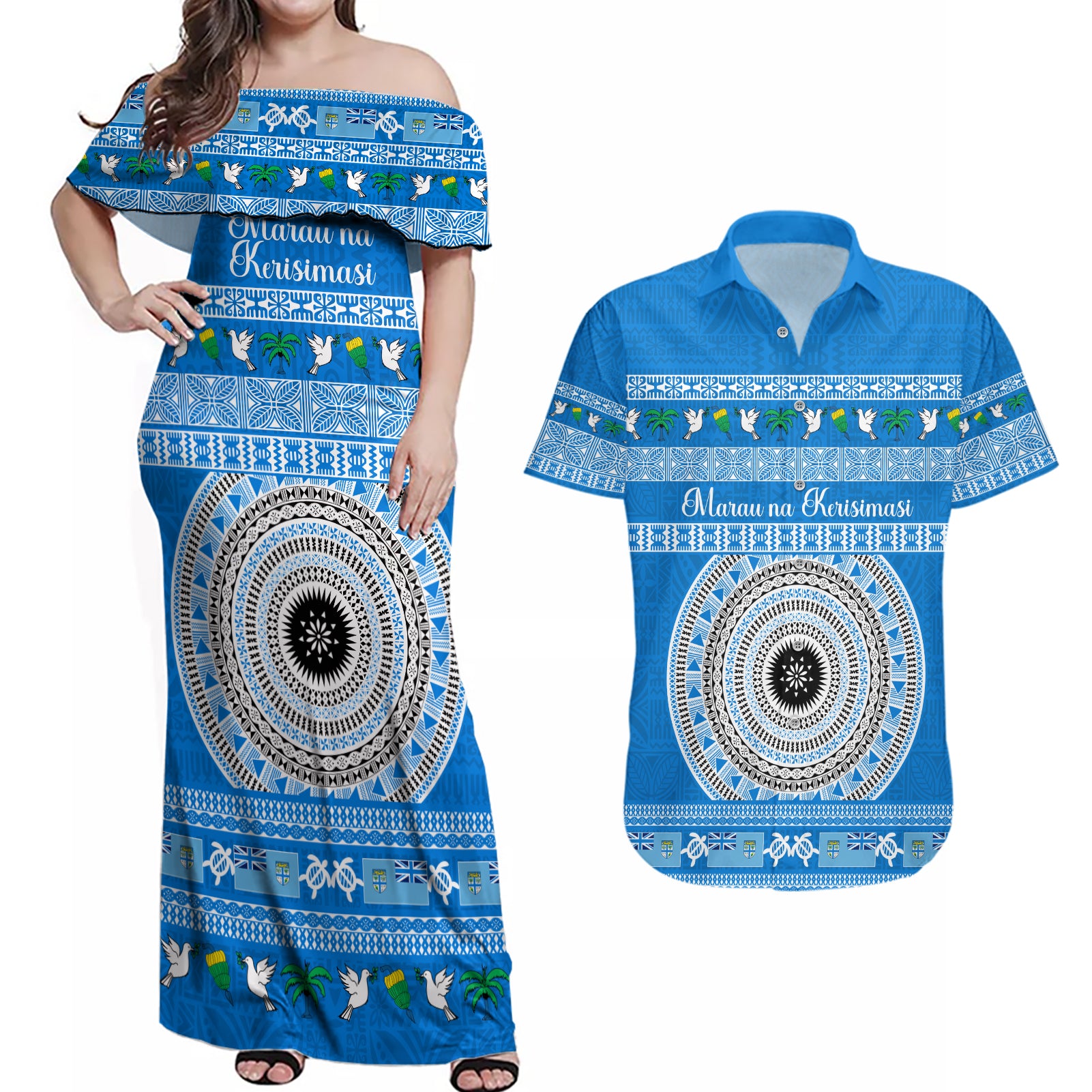 Personalised Fiji Marau Na Kerisimasi Couples Matching Off Shoulder Maxi Dress and Hawaiian Shirt Merry Christmas Tapa Pattern Blue Style LT9 - Wonder Print Shop