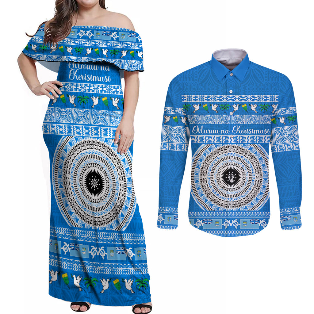 Personalised Fiji Marau Na Kerisimasi Couples Matching Off Shoulder Maxi Dress and Long Sleeve Button Shirt Merry Christmas Tapa Pattern Blue Style LT9 - Wonder Print Shop