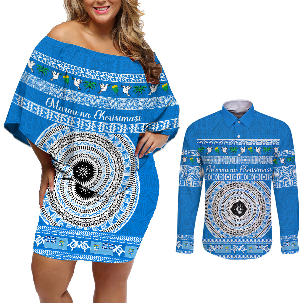 Personalised Fiji Marau Na Kerisimasi Couples Matching Off Shoulder Short Dress and Long Sleeve Button Shirt Merry Christmas Tapa Pattern Blue Style LT9 - Wonder Print Shop