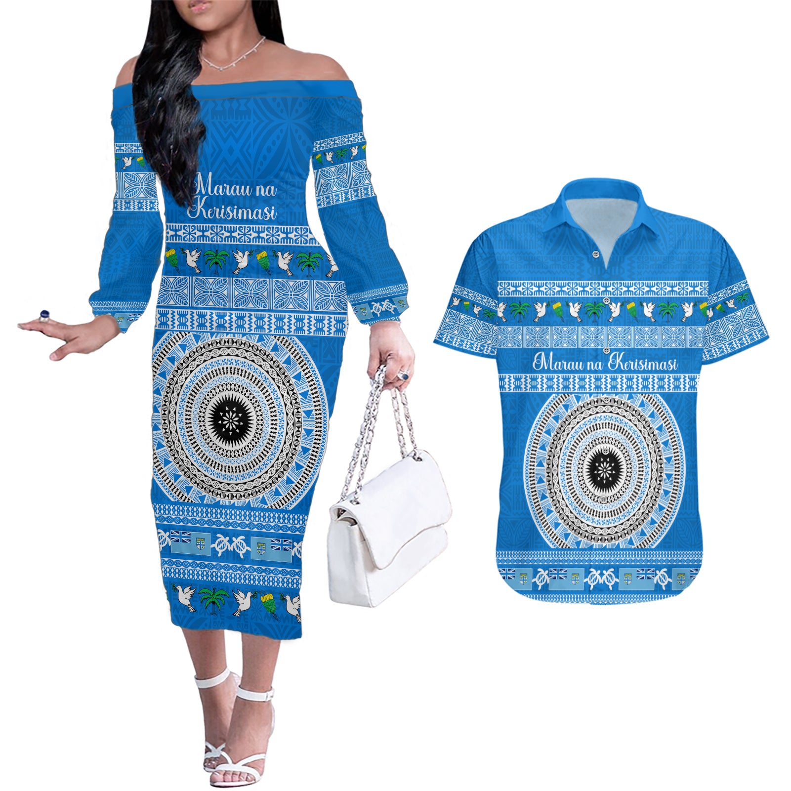 Personalised Fiji Marau Na Kerisimasi Couples Matching Off The Shoulder Long Sleeve Dress and Hawaiian Shirt Merry Christmas Tapa Pattern Blue Style LT9 - Wonder Print Shop