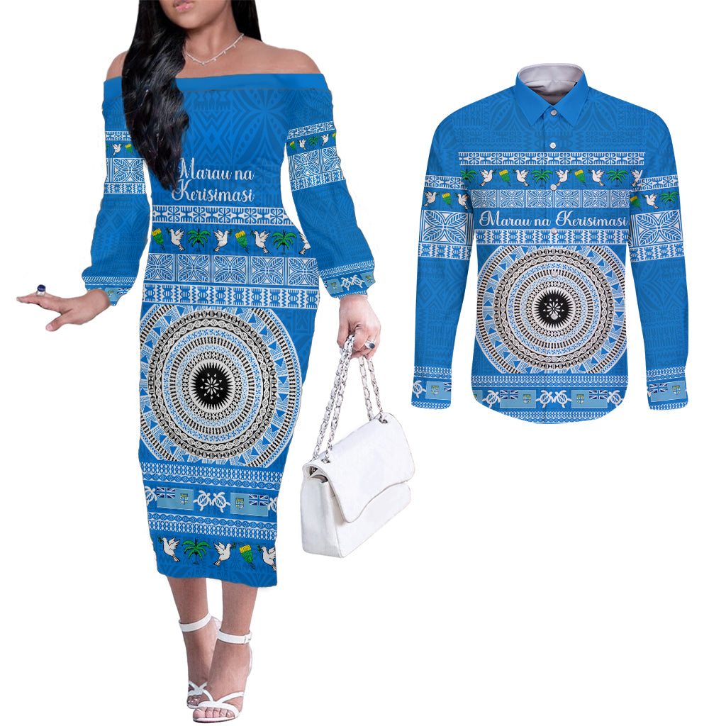 personalised-fiji-marau-na-kerisimasi-couples-matching-off-the-shoulder-long-sleeve-dress-and-long-sleeve-button-shirt-merry-christmas-tapa-pattern-blue-style