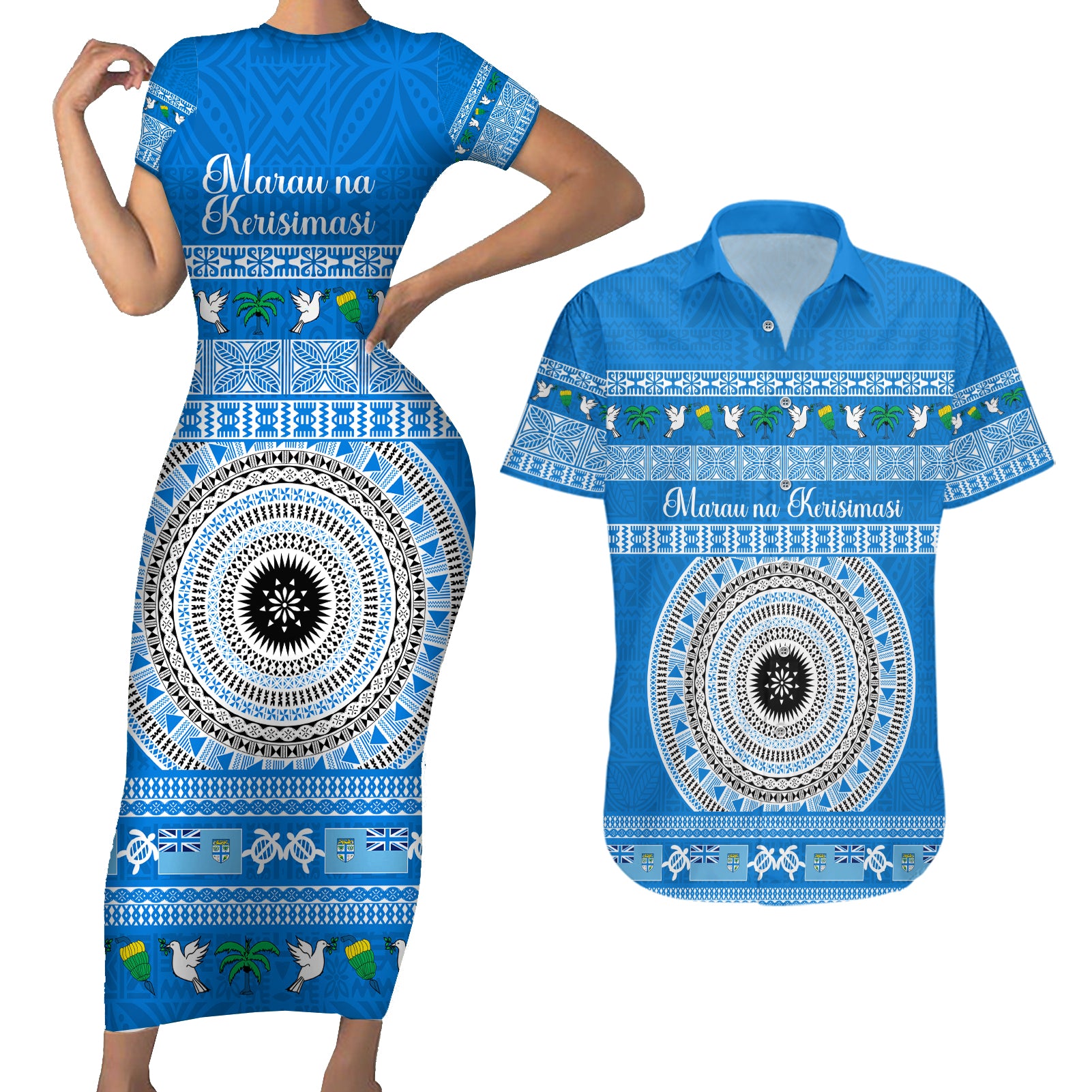 Personalised Fiji Marau Na Kerisimasi Couples Matching Short Sleeve Bodycon Dress and Hawaiian Shirt Merry Christmas Tapa Pattern Blue Style LT9 - Wonder Print Shop