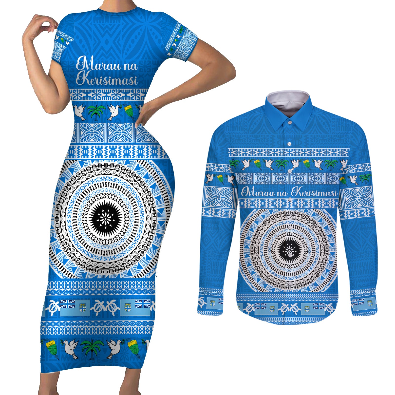 Personalised Fiji Marau Na Kerisimasi Couples Matching Short Sleeve Bodycon Dress and Long Sleeve Button Shirt Merry Christmas Tapa Pattern Blue Style LT9 - Wonder Print Shop