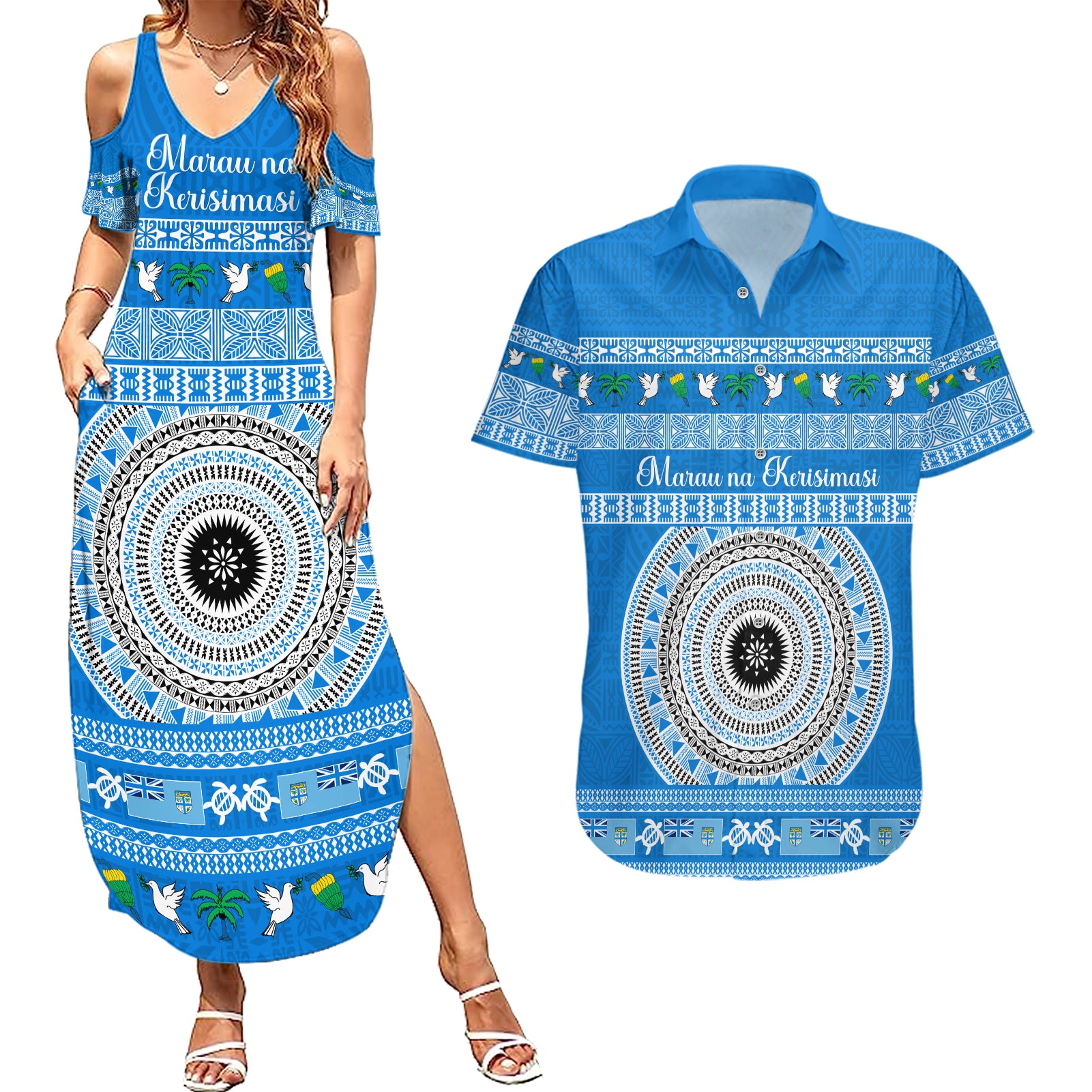 Personalised Fiji Marau Na Kerisimasi Couples Matching Summer Maxi Dress and Hawaiian Shirt Merry Christmas Tapa Pattern Blue Style LT9 - Wonder Print Shop