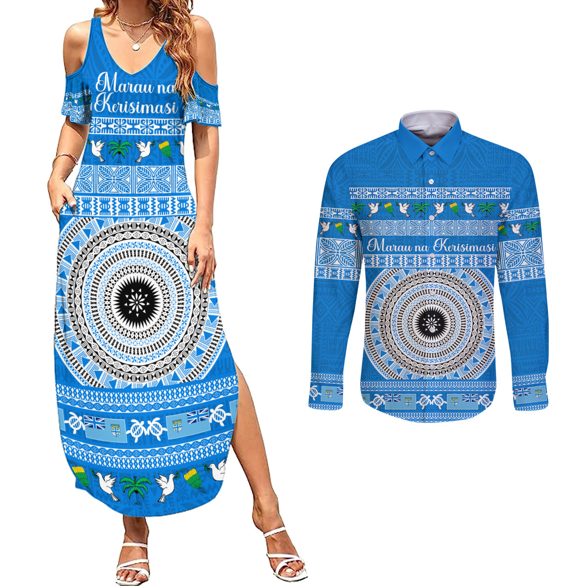 Personalised Fiji Marau Na Kerisimasi Couples Matching Summer Maxi Dress and Long Sleeve Button Shirt Merry Christmas Tapa Pattern Blue Style LT9 - Wonder Print Shop