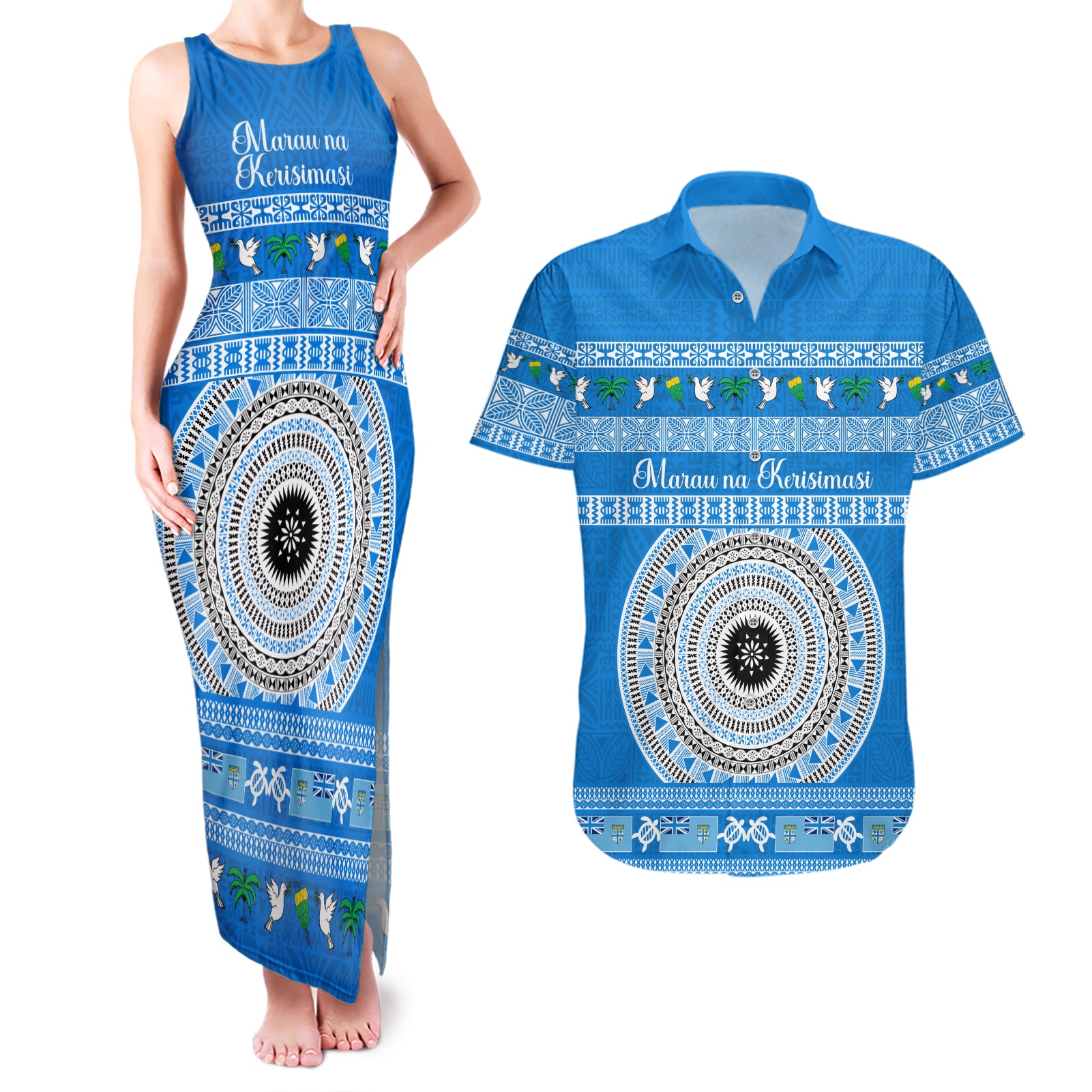 Personalised Fiji Marau Na Kerisimasi Couples Matching Tank Maxi Dress and Hawaiian Shirt Merry Christmas Tapa Pattern Blue Style LT9 - Wonder Print Shop