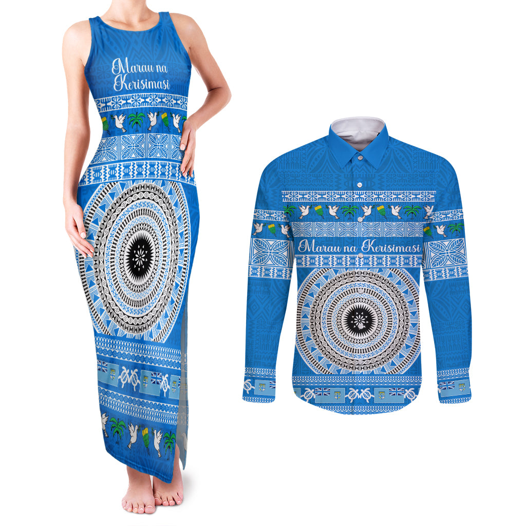 Personalised Fiji Marau Na Kerisimasi Couples Matching Tank Maxi Dress and Long Sleeve Button Shirt Merry Christmas Tapa Pattern Blue Style LT9 - Wonder Print Shop