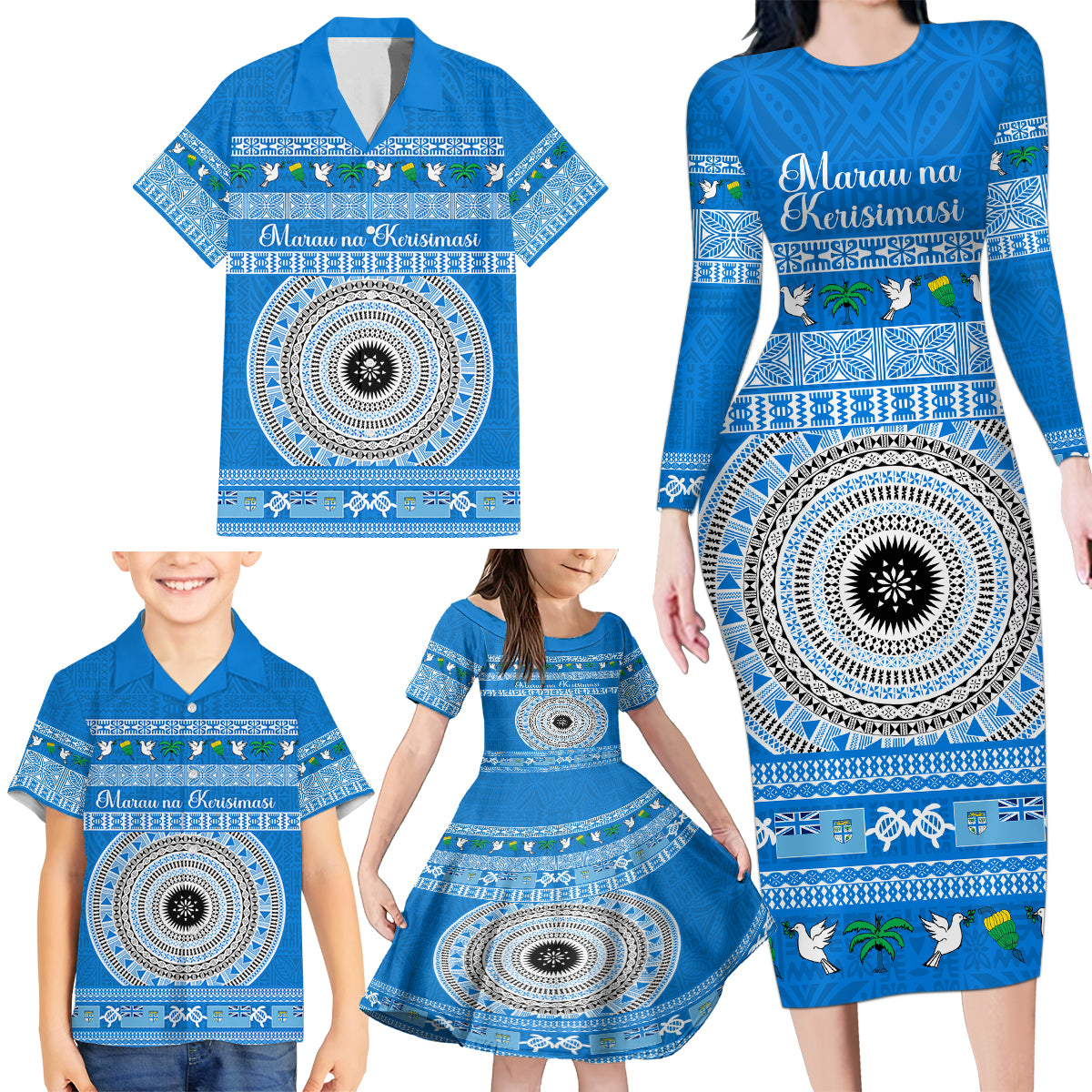 Personalised Fiji Marau Na Kerisimasi Family Matching Long Sleeve Bodycon Dress and Hawaiian Shirt Merry Christmas Tapa Pattern Blue Style LT9 - Wonder Print Shop