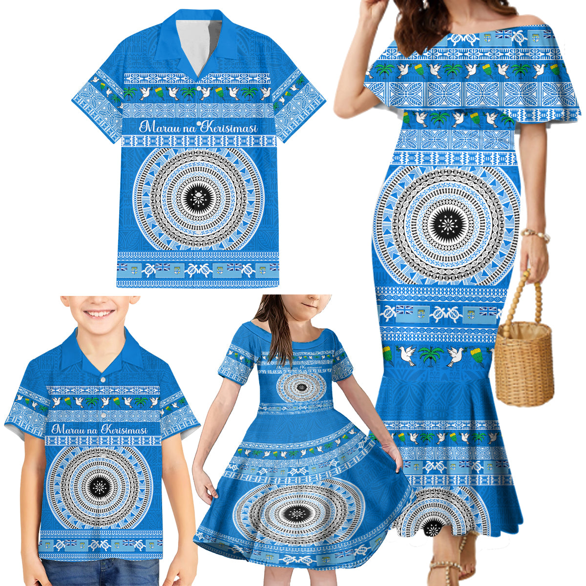 Personalised Fiji Marau Na Kerisimasi Family Matching Mermaid Dress and Hawaiian Shirt Merry Christmas Tapa Pattern Blue Style LT9 - Wonder Print Shop