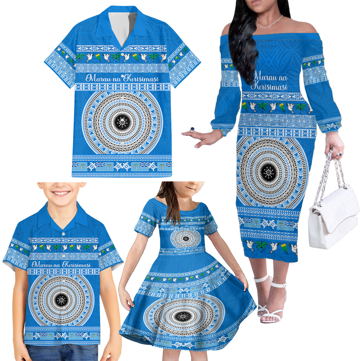 Personalised Fiji Marau Na Kerisimasi Family Matching Off Shoulder Long Sleeve Dress and Hawaiian Shirt Merry Christmas Tapa Pattern Blue Style - Wonder Print Shop