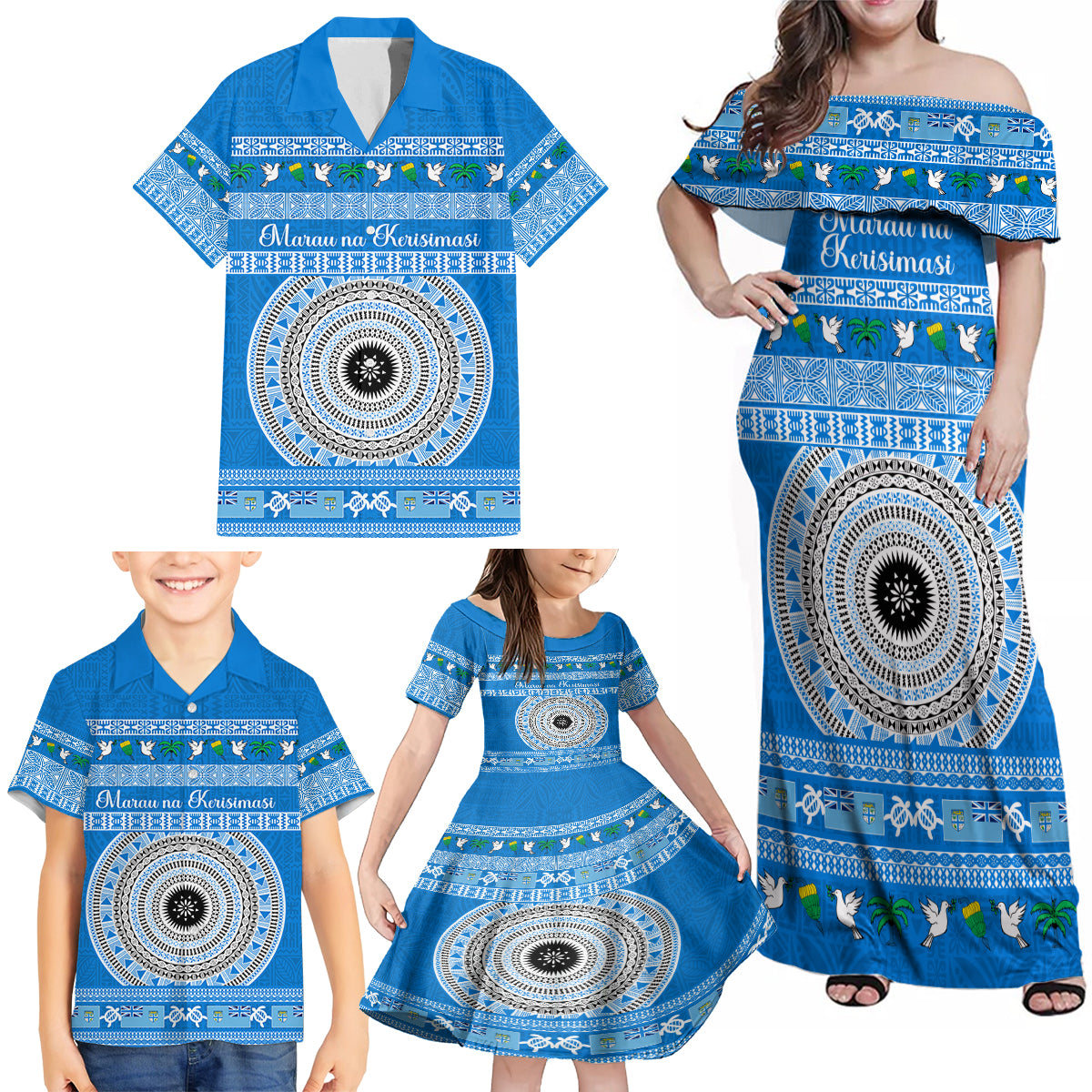 Personalised Fiji Marau Na Kerisimasi Family Matching Off Shoulder Maxi Dress and Hawaiian Shirt Merry Christmas Tapa Pattern Blue Style LT9 - Wonder Print Shop