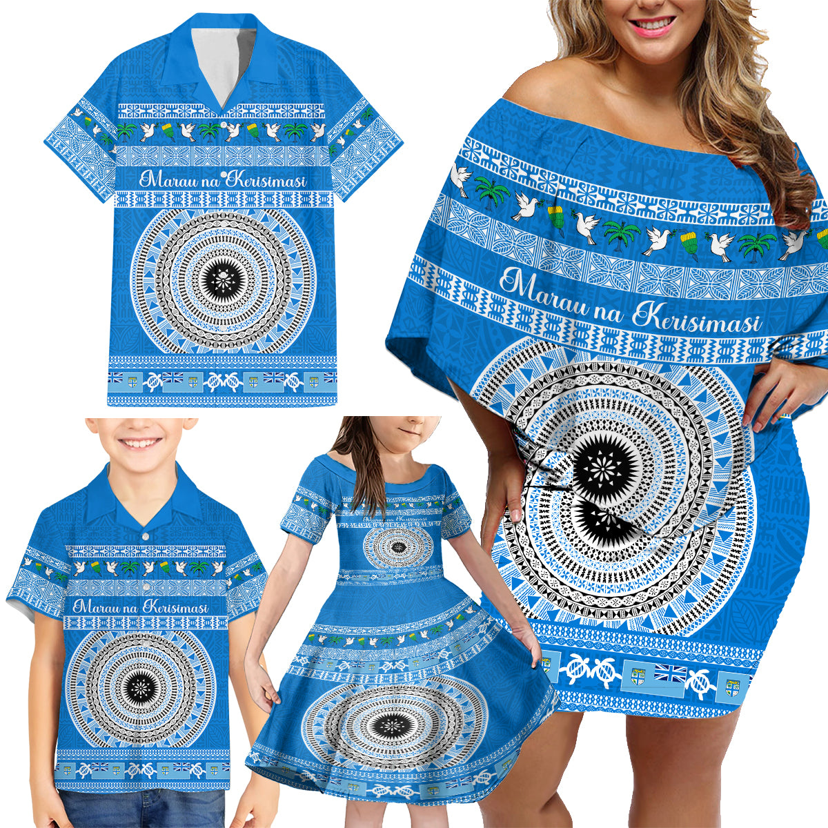 Personalised Fiji Marau Na Kerisimasi Family Matching Off Shoulder Short Dress and Hawaiian Shirt Merry Christmas Tapa Pattern Blue Style LT9 - Wonder Print Shop