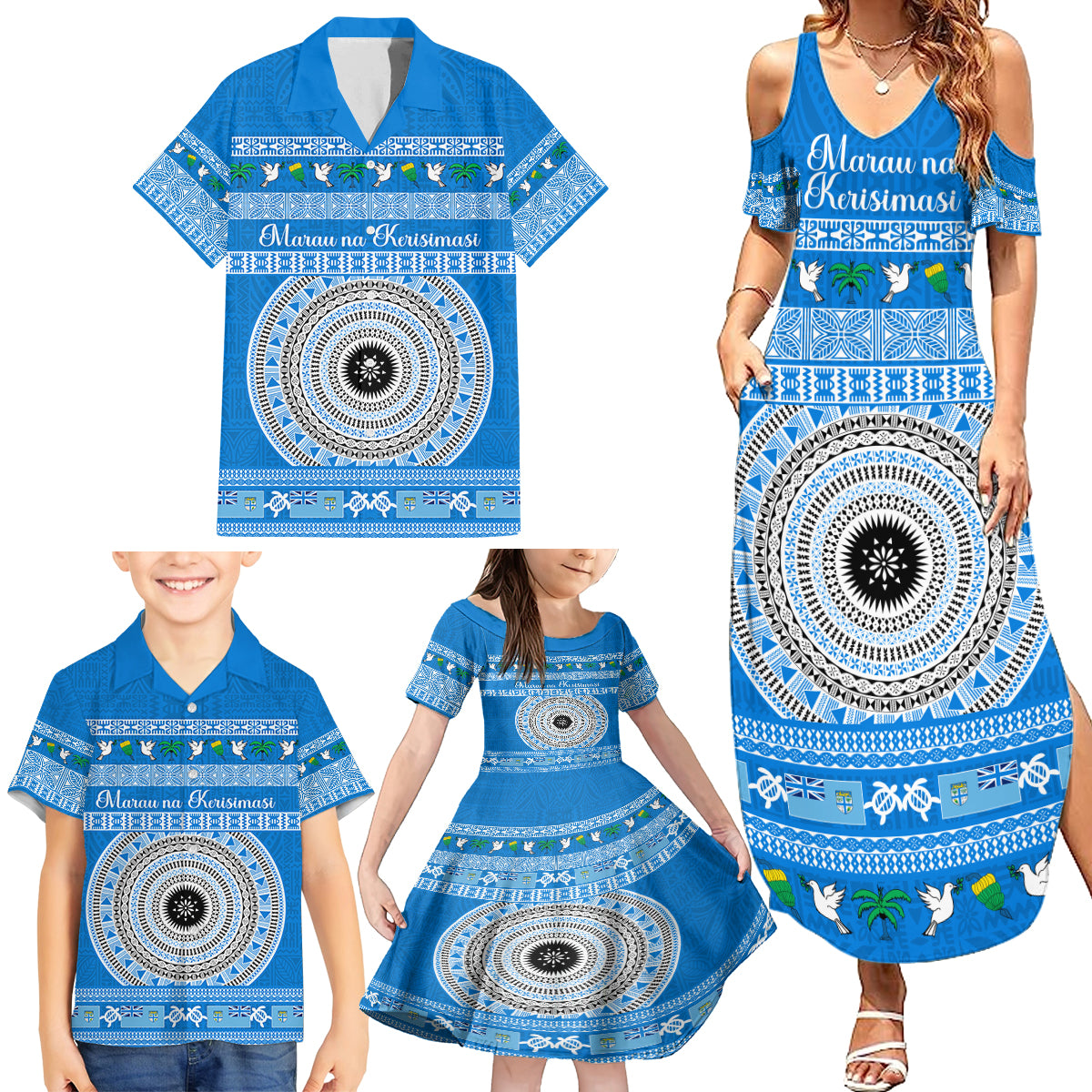 Personalised Fiji Marau Na Kerisimasi Family Matching Summer Maxi Dress and Hawaiian Shirt Merry Christmas Tapa Pattern Blue Style - Wonder Print Shop