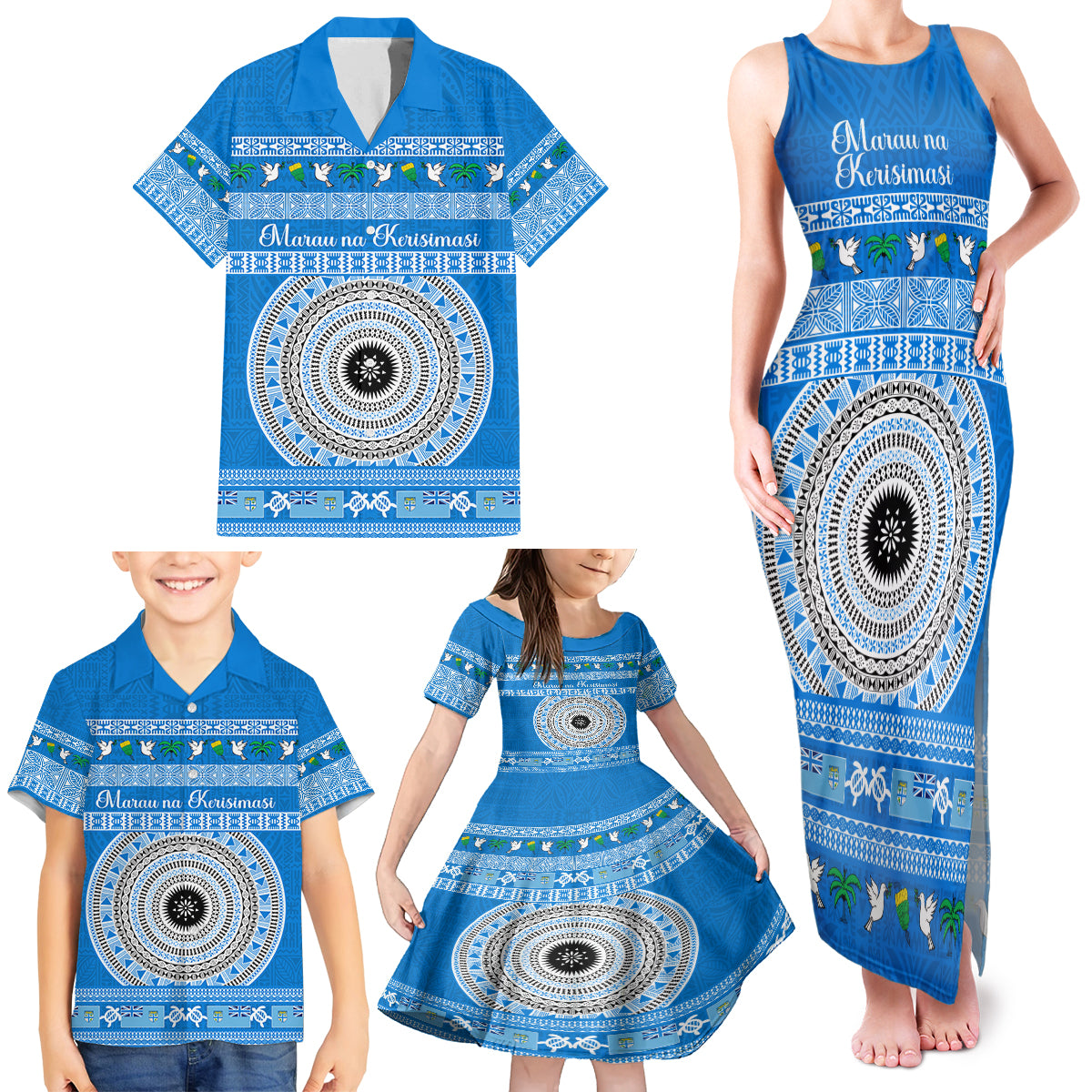 Personalised Fiji Marau Na Kerisimasi Family Matching Tank Maxi Dress and Hawaiian Shirt Merry Christmas Tapa Pattern Blue Style - Wonder Print Shop