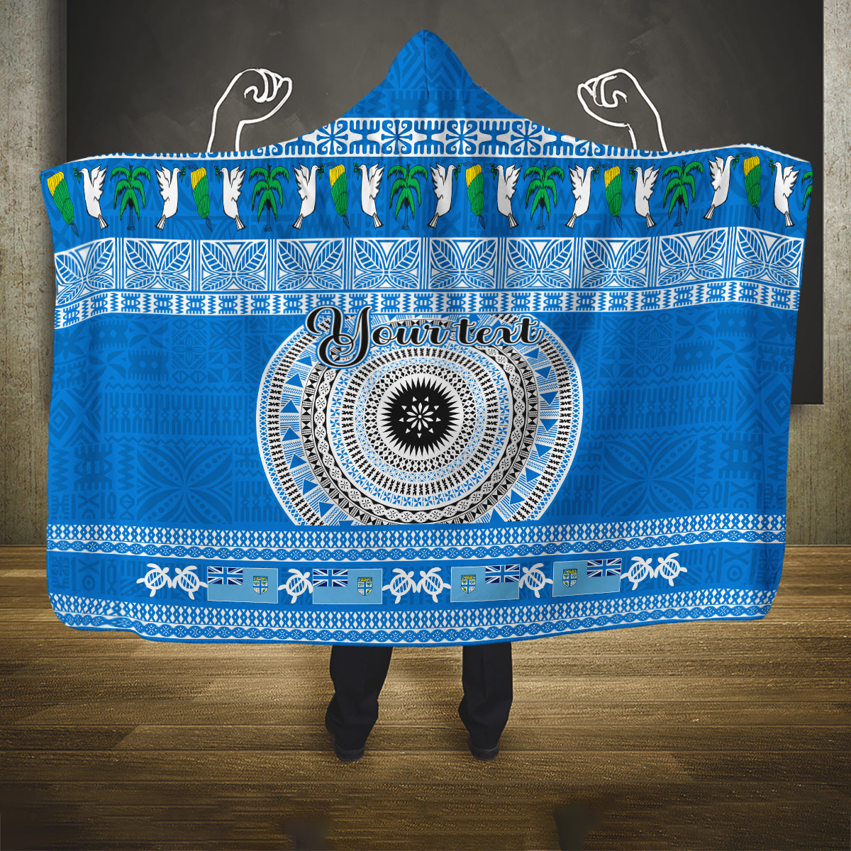 personalised-fiji-marau-na-kerisimasi-hooded-blanket-merry-christmas-tapa-pattern-blue-style