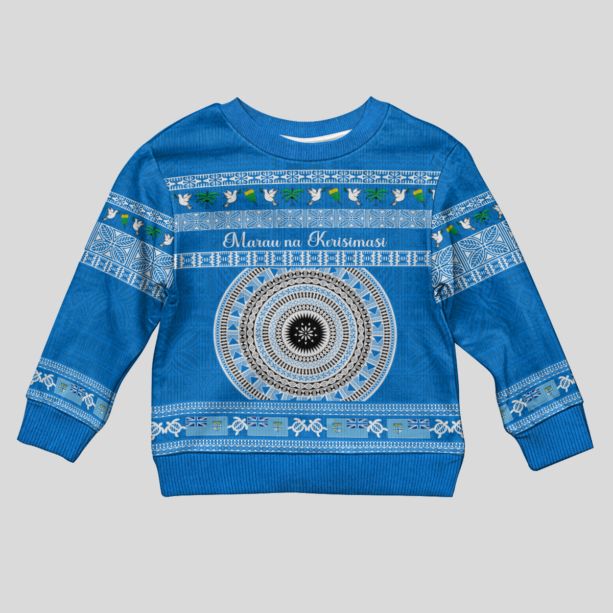 Personalised Fiji Marau Na Kerisimasi Kid Ugly Christmas Sweater Merry Christmas Tapa Pattern Blue Style - Wonder Print Shop