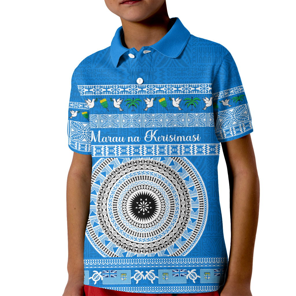 Personalised Fiji Marau Na Kerisimasi Kid Polo Shirt Merry Christmas Tapa Pattern Blue Style - Wonder Print Shop