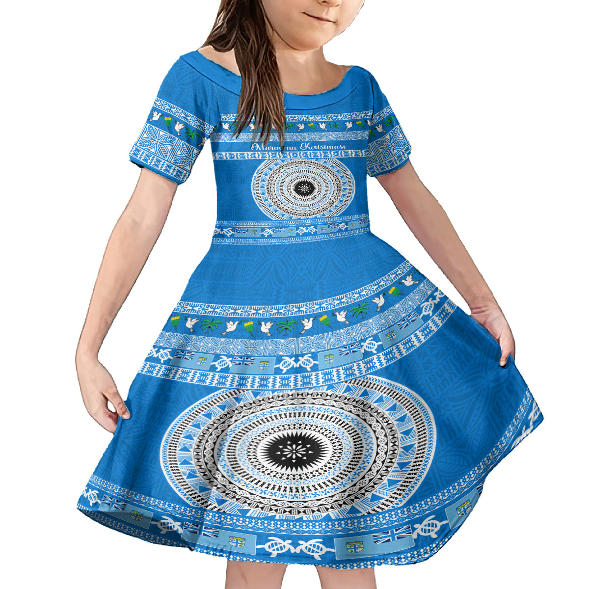 Personalised Fiji Marau Na Kerisimasi Kid Short Sleeve Dress Merry Christmas Tapa Pattern Blue Style - Wonder Print Shop