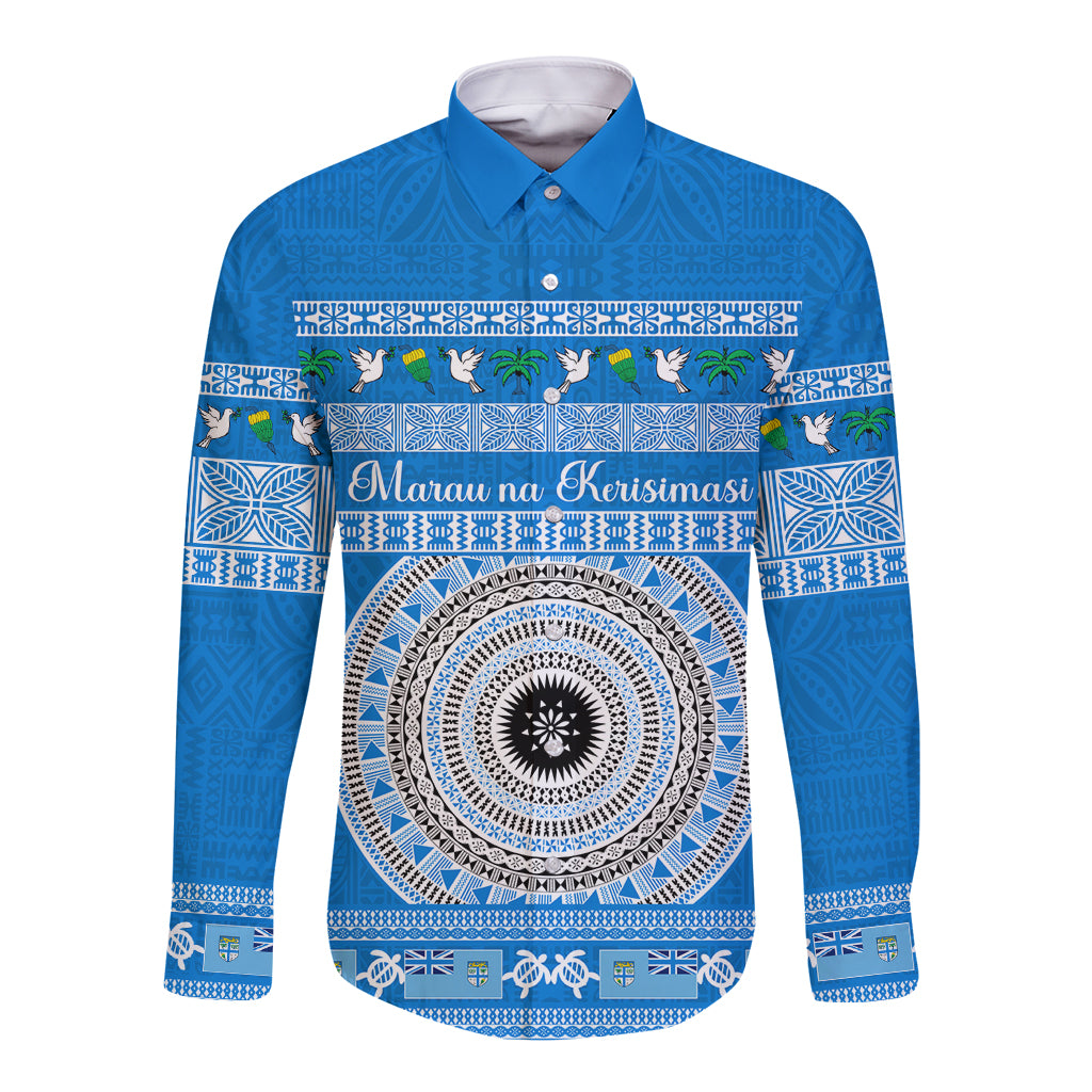 Personalised Fiji Marau Na Kerisimasi Long Sleeve Button Shirt Merry Christmas Tapa Pattern Blue Style - Wonder Print Shop