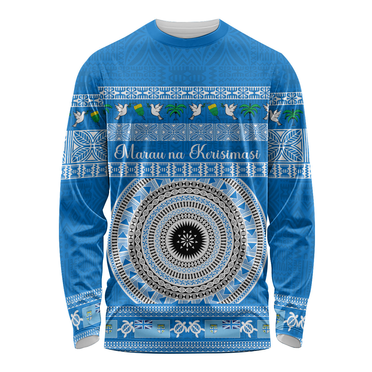 Personalised Fiji Marau Na Kerisimasi Long Sleeve Shirt Merry Christmas Tapa Pattern Blue Style - Wonder Print Shop