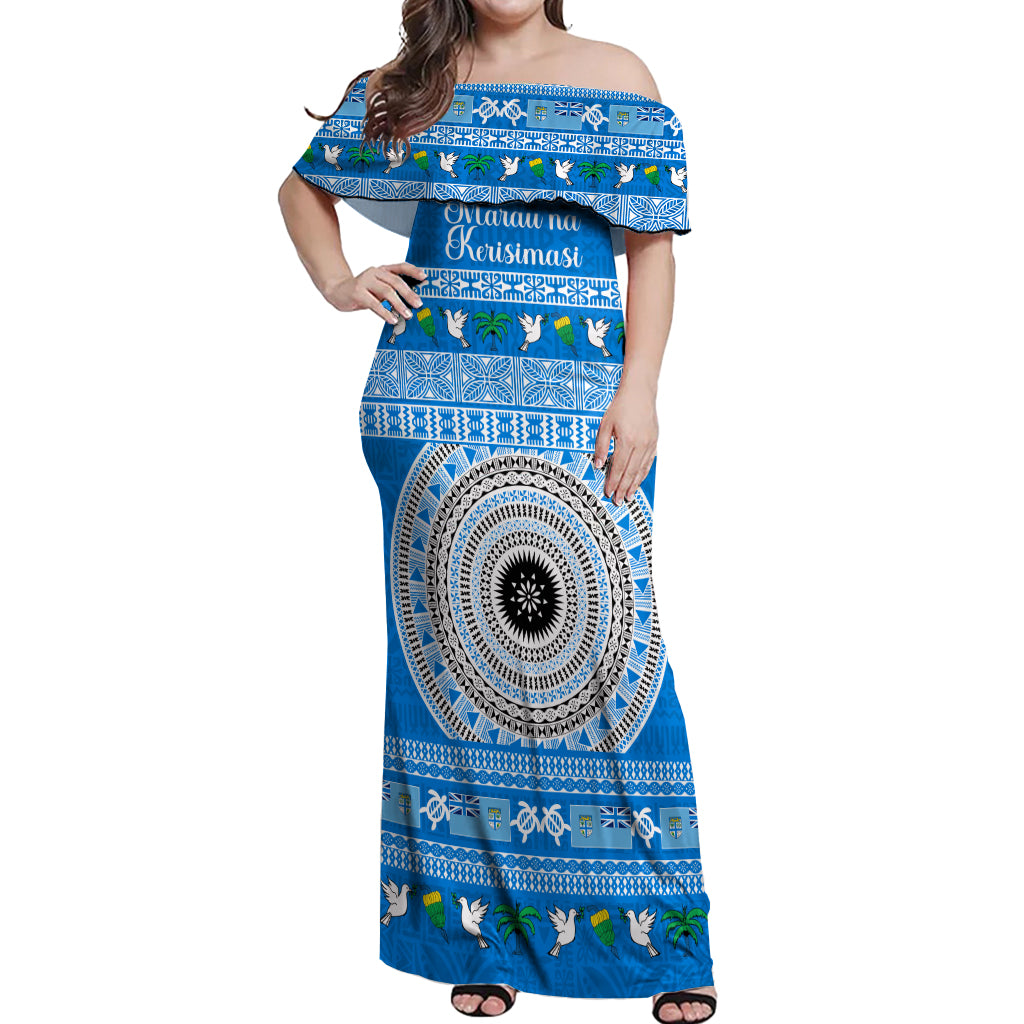 Personalised Fiji Marau Na Kerisimasi Off Shoulder Maxi Dress Merry Christmas Tapa Pattern Blue Style - Wonder Print Shop