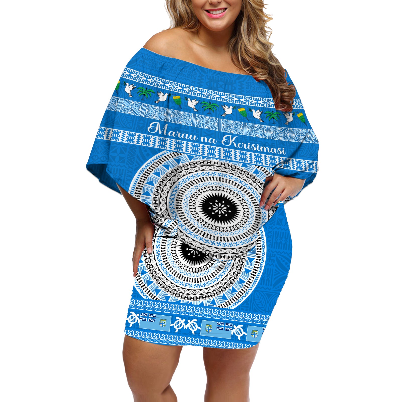 Personalised Fiji Marau Na Kerisimasi Off Shoulder Short Dress Merry Christmas Tapa Pattern Blue Style - Wonder Print Shop