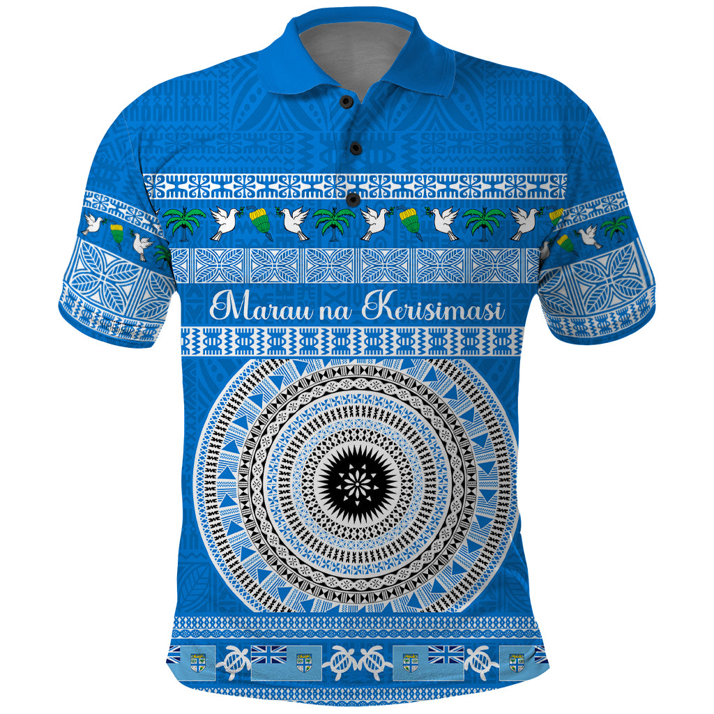 Personalised Fiji Marau Na Kerisimasi Polo Shirt Merry Christmas Tapa Pattern Blue Style - Wonder Print Shop