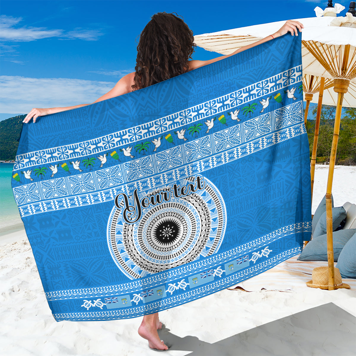 Personalised Fiji Marau Na Kerisimasi Sarong Merry Christmas Tapa Pattern Blue Style - Wonder Print Shop