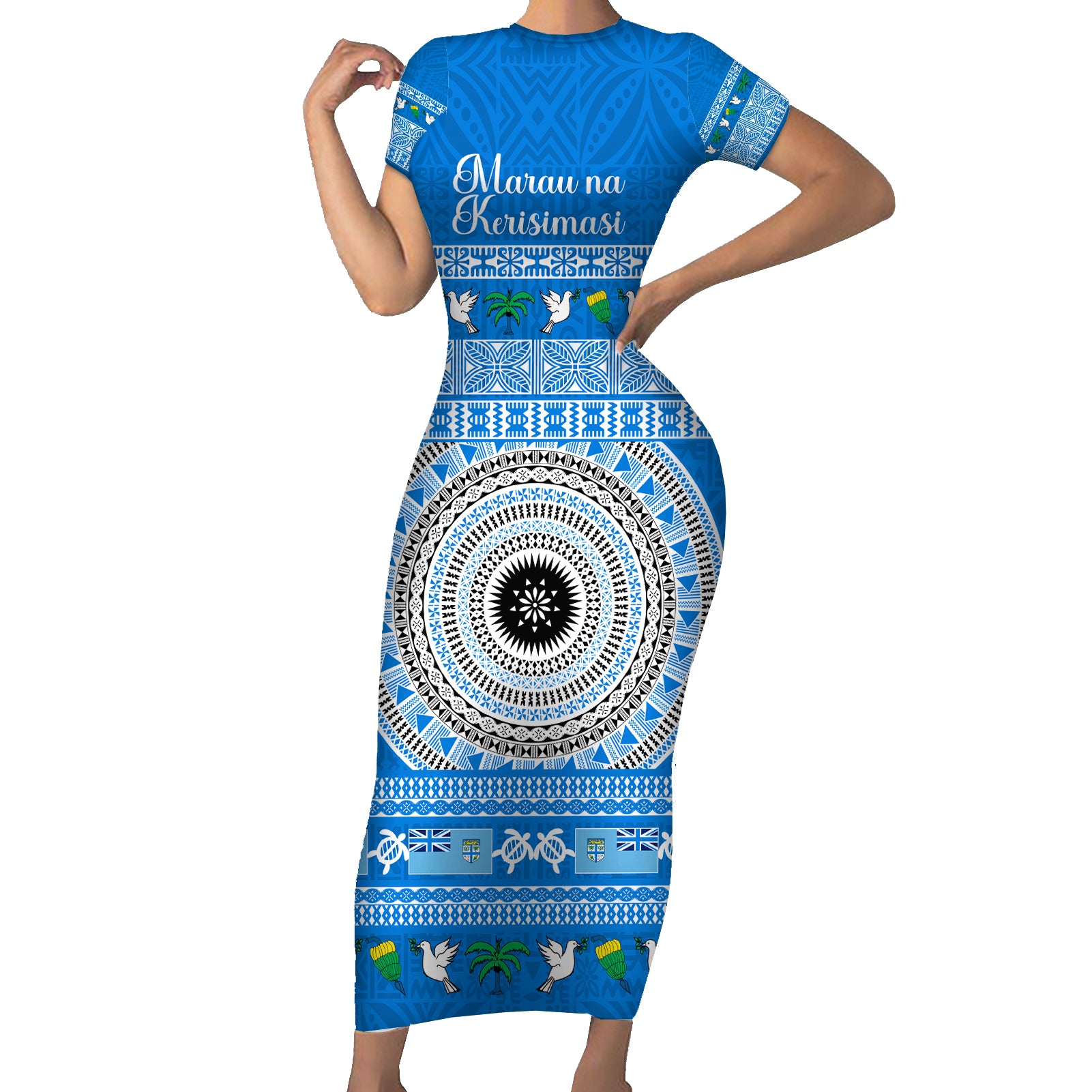 Personalised Fiji Marau Na Kerisimasi Short Sleeve Bodycon Dress Merry Christmas Tapa Pattern Blue Style - Wonder Print Shop