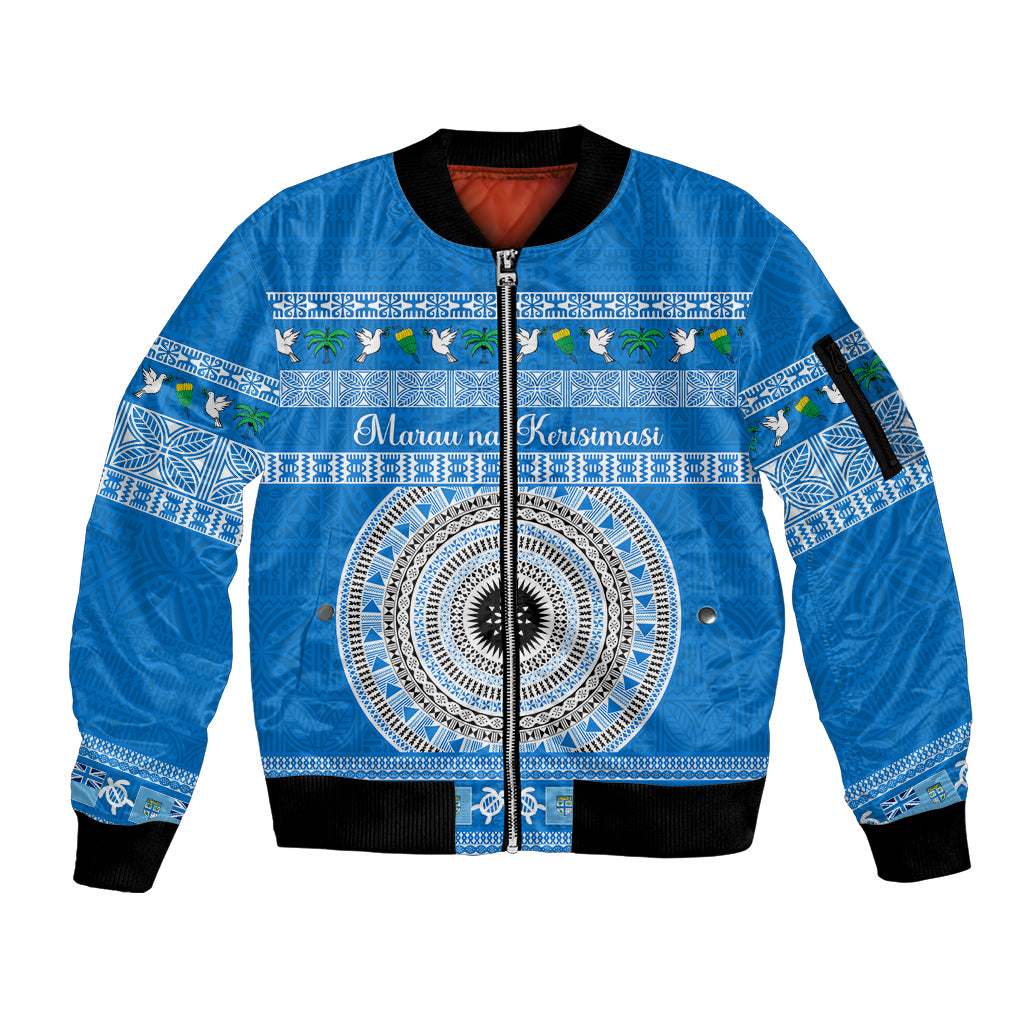 Personalised Fiji Marau Na Kerisimasi Sleeve Zip Bomber Jacket Merry Christmas Tapa Pattern Blue Style - Wonder Print Shop