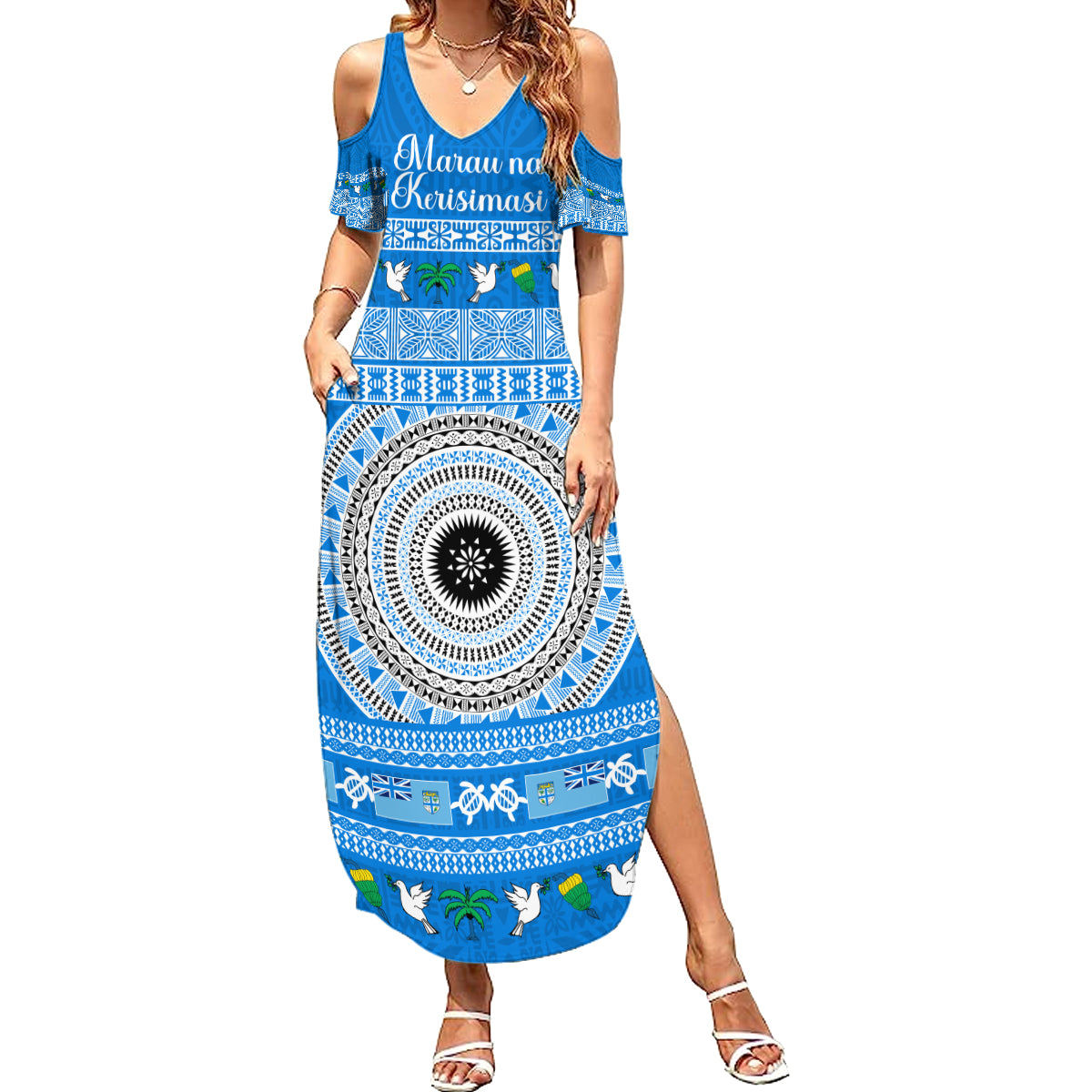 Personalised Fiji Marau Na Kerisimasi Summer Maxi Dress Merry Christmas Tapa Pattern Blue Style - Wonder Print Shop