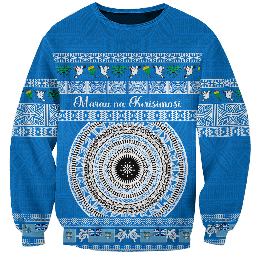 Personalised Fiji Marau Na Kerisimasi Sweatshirt Merry Christmas Tapa Pattern Blue Style - Wonder Print Shop