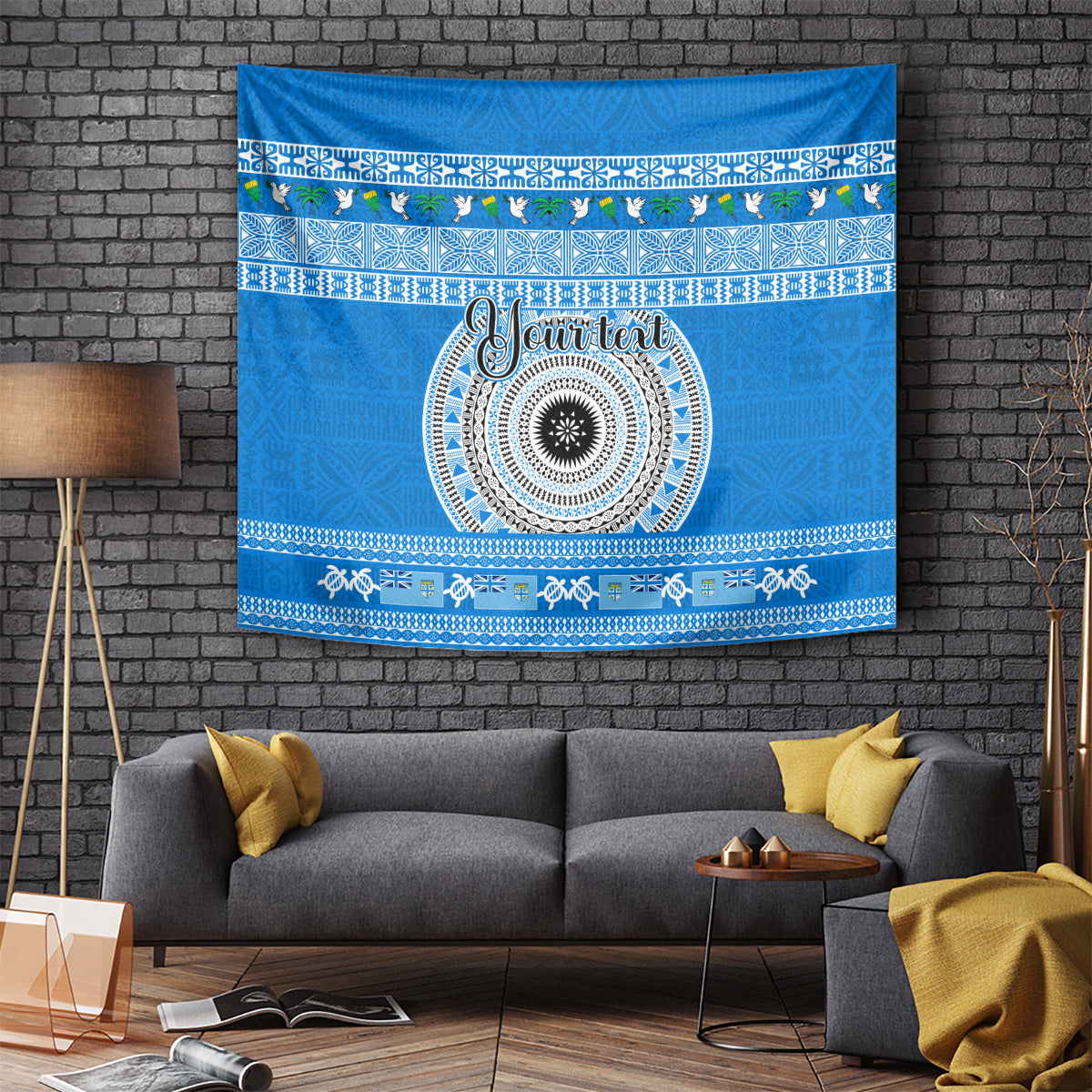 Blue patterned Christmas tapestry with circular mandala and decorative border