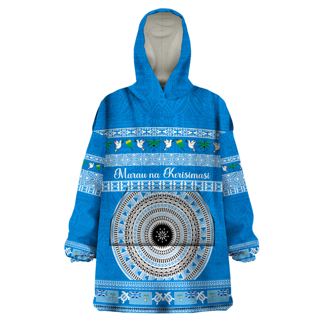 Personalised Fiji Marau Na Kerisimasi Wearable Blanket Hoodie Merry Christmas Tapa Pattern Blue Style - Wonder Print Shop