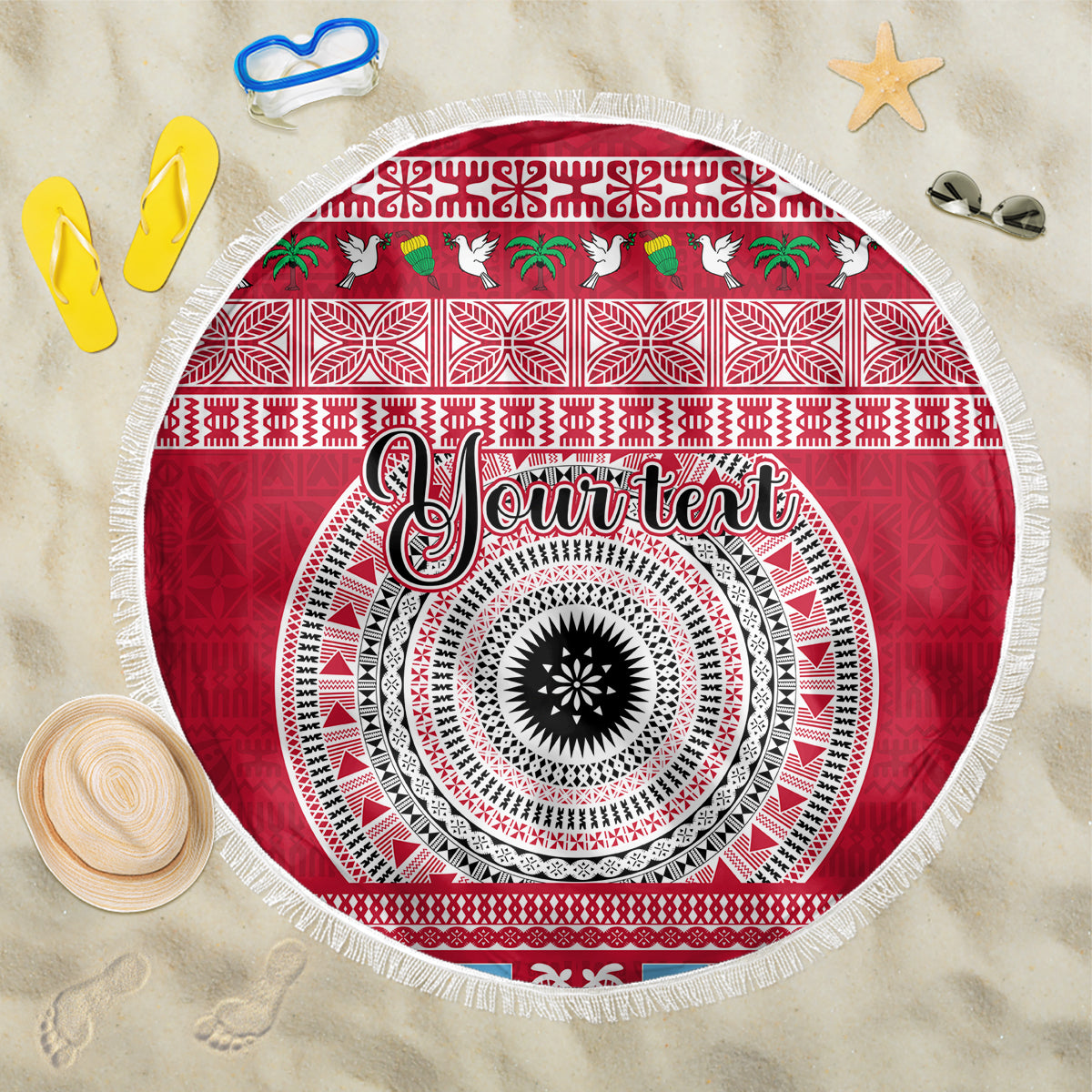 Personalised Fiji Marau Na Kerisimasi Beach Blanket Merry Christmas Tapa Pattern Red Style LT9 - Wonder Print Shop