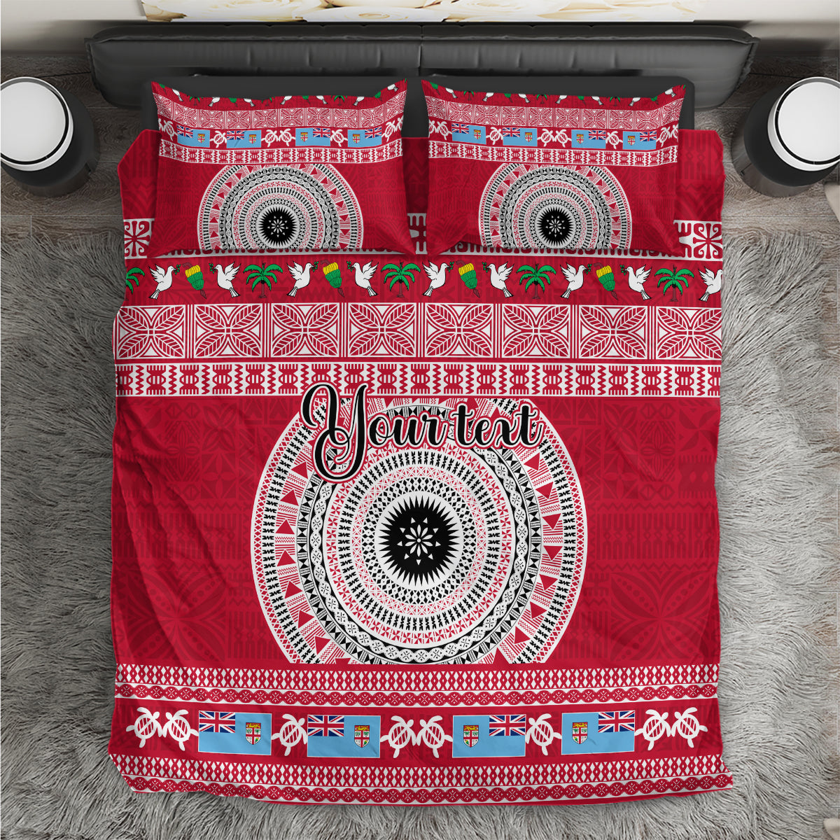 Red bedding set with two pillows, circular medallion and Polynesian tapa pattern borders
